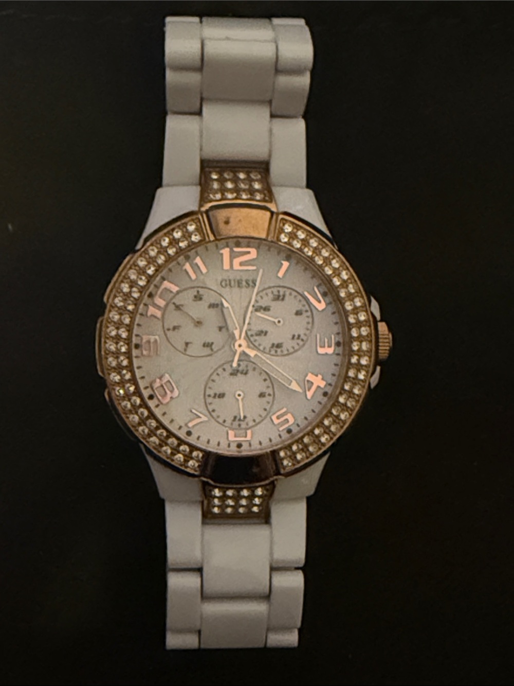 GUESS White and Rose Gold Crystal Bezel Women's Watch